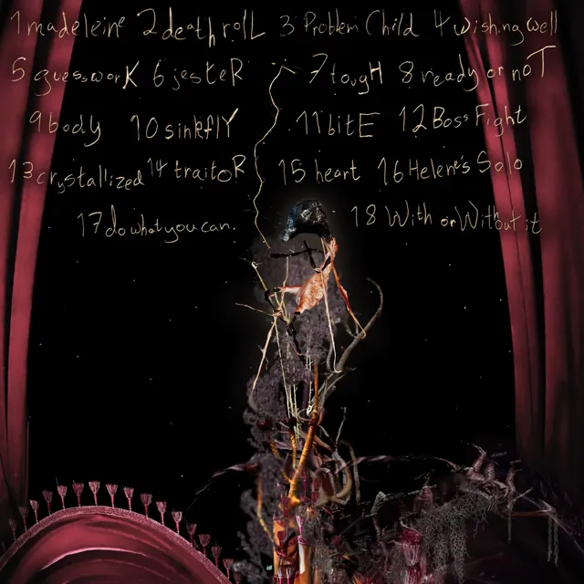 The marroW tracklist, handwritten in gold between red curtains