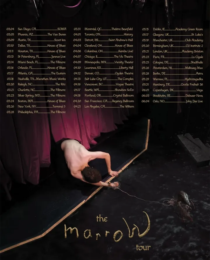 The marroW tour poster: brakence leans over the edge of a dark stage in front of red curtains, with every date listed above him