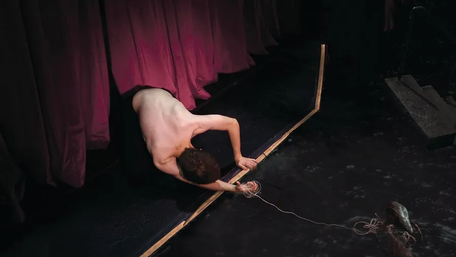 brakence leans over the gold edge of a dark stage, in front of red curtains
